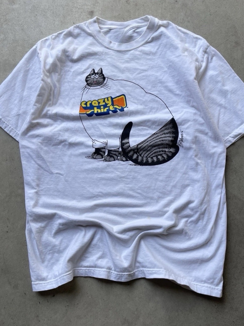 Gildan White Tee with Retro Cat Graphic